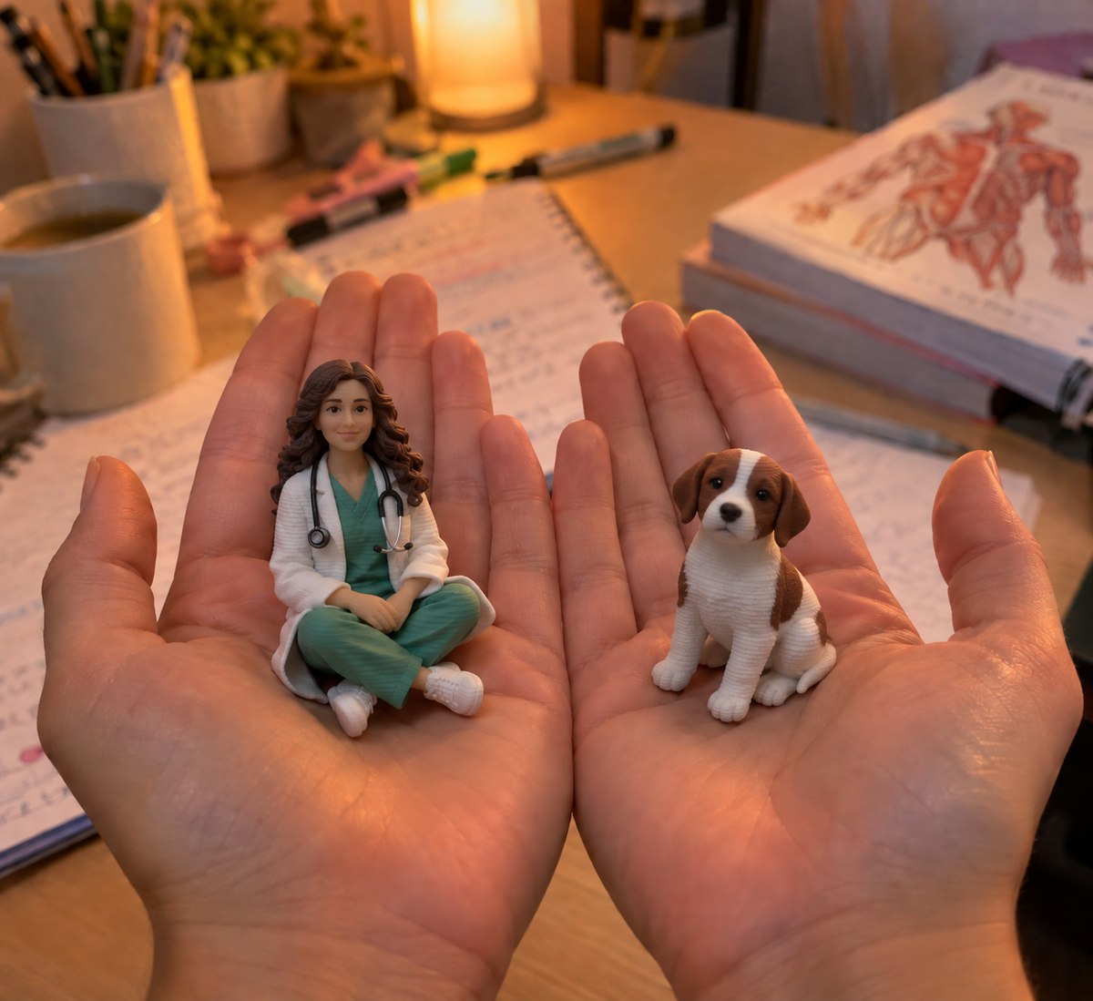 Duas mãos abertas lado a lado segurando duas miniaturas impressas em 3D: na esquerda uma médica de jaleco branco e uniforme verde, na direita um cachorrinho branco com manchas marrons